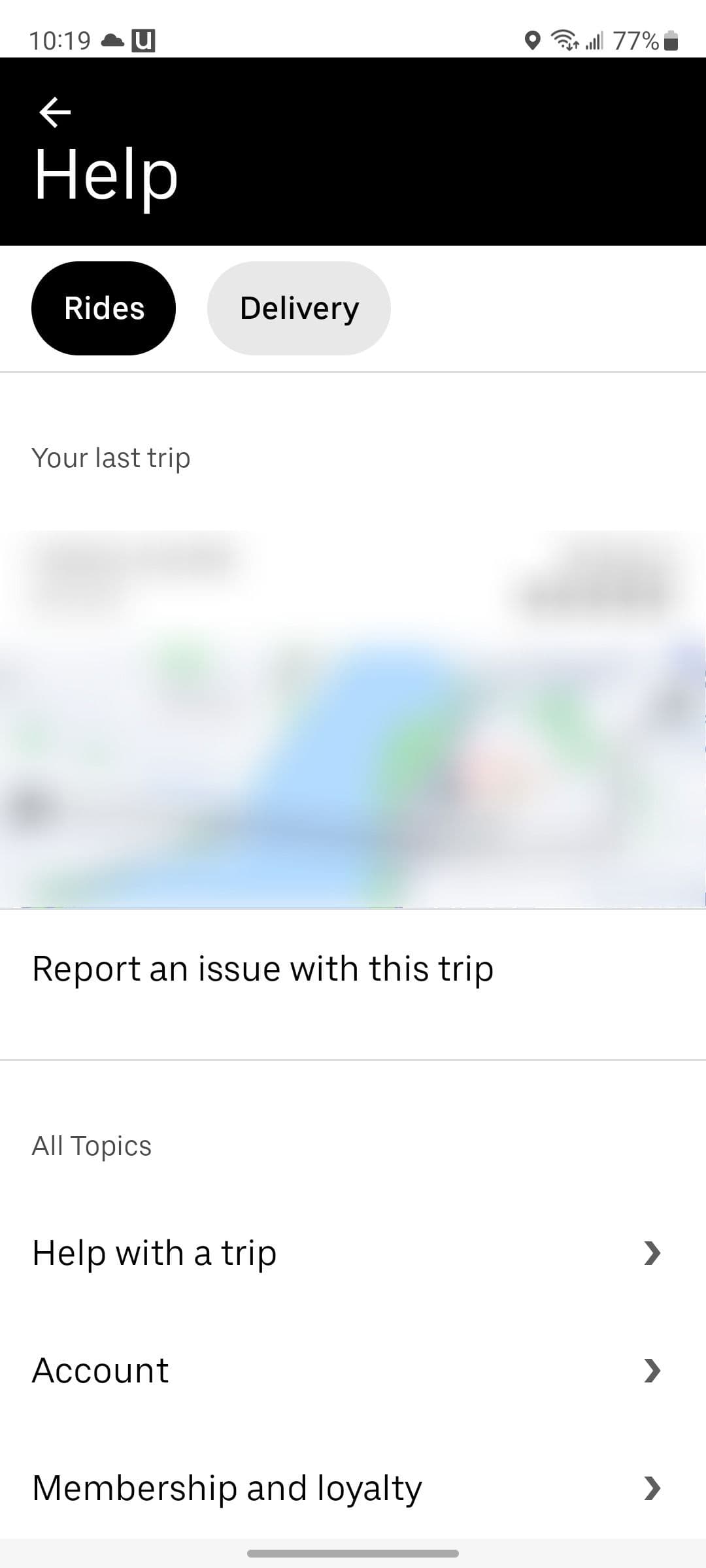 Η σελίδα βοήθειας της εφαρμογής Uber στο Android