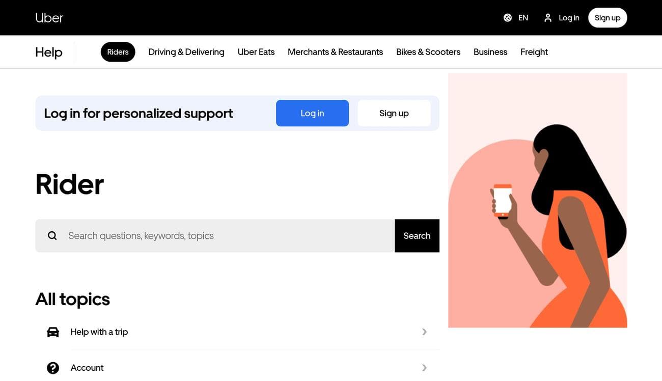 Η ενότητα Rider του ιστότοπου Βοήθειας της Uber