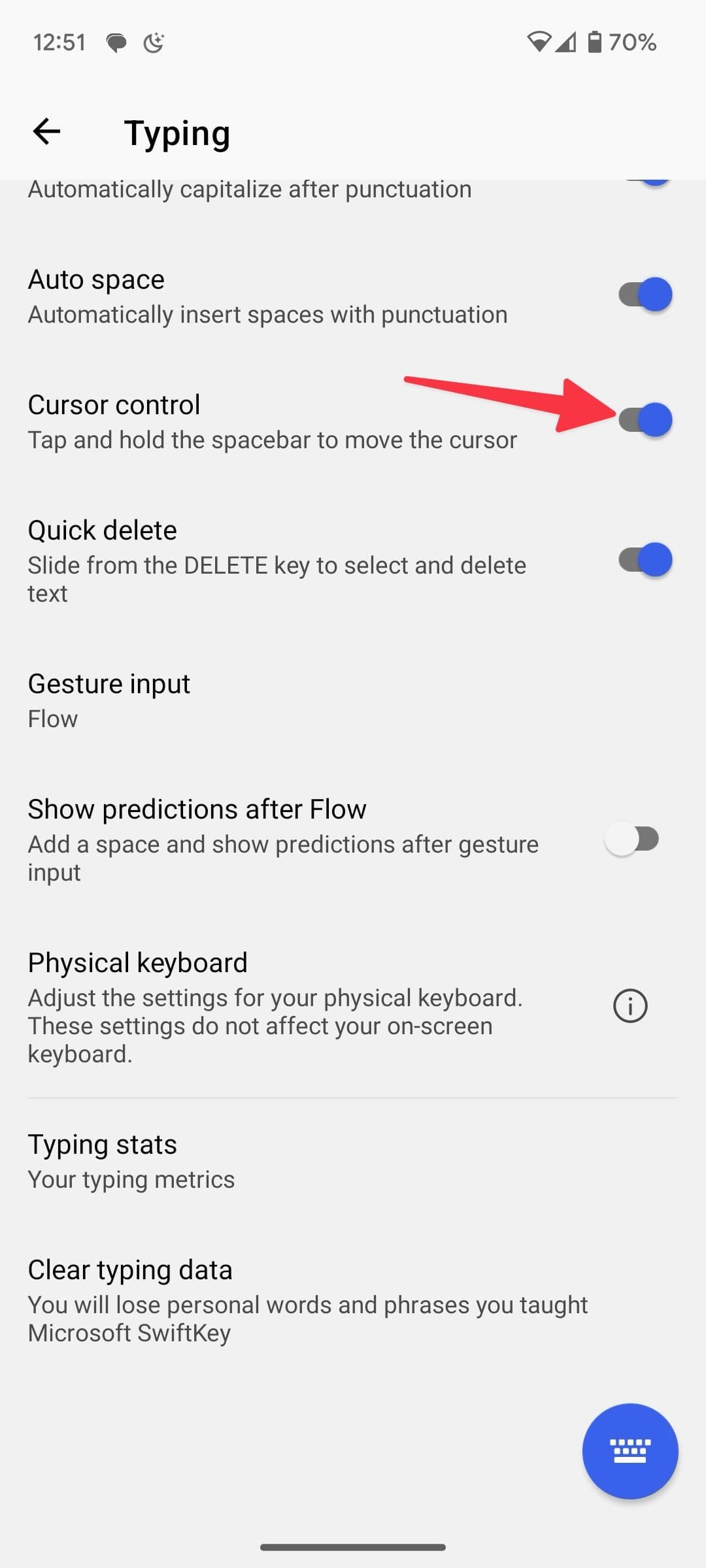 Ενεργοποιήστε τον έλεγχο κέρσορα στο Swiftkey