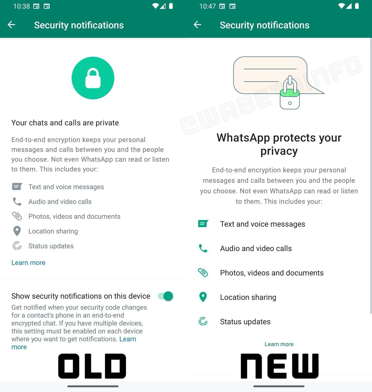 Ειδοποιήσεις ασφαλείας WhatsApp Redesign Beta
