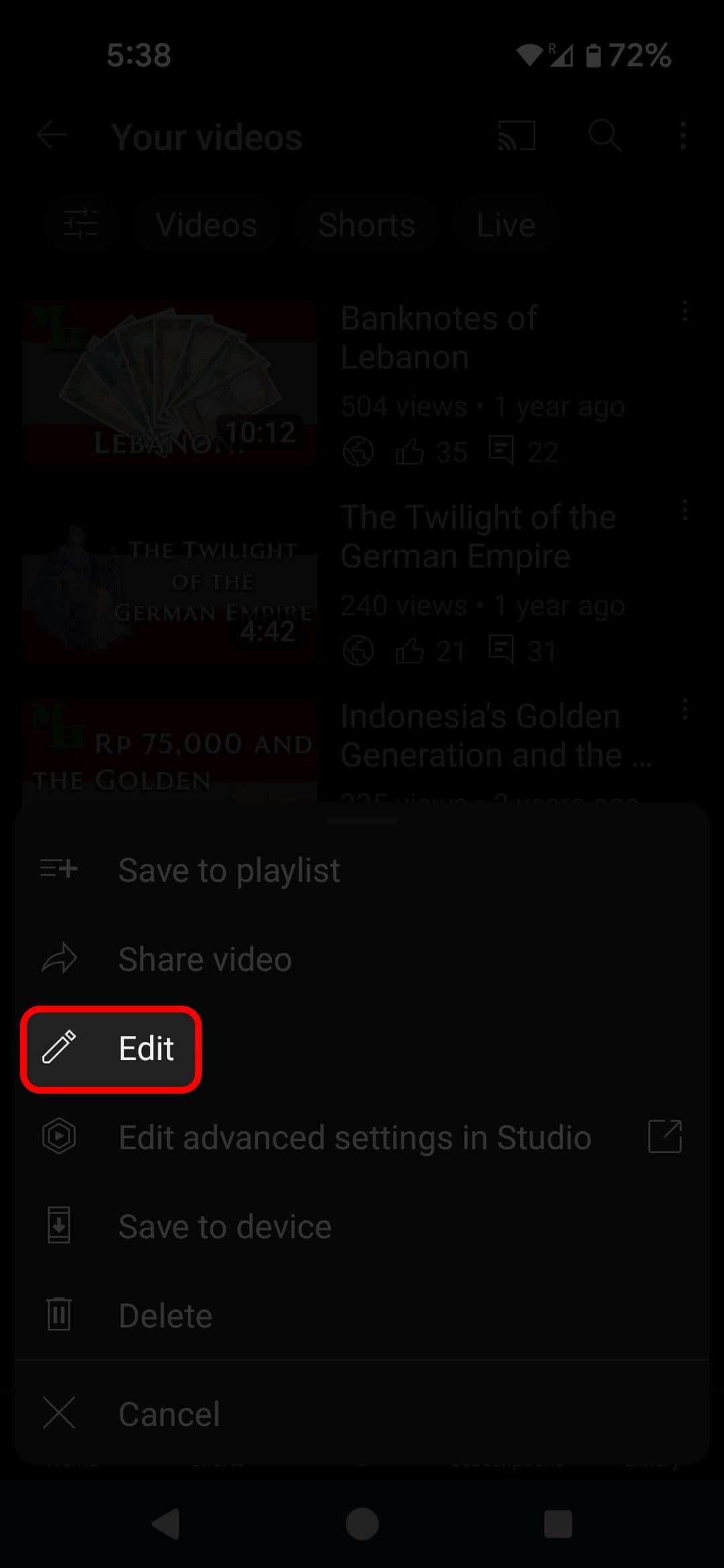 Μενού επιλογών βίντεο YouTube για κινητά που επισημαίνει την επιλογή Επεξεργασία