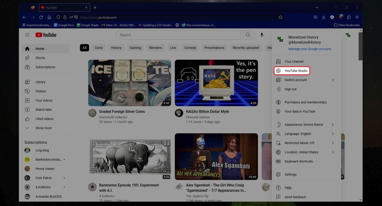 Μενού προφίλ του προγράμματος περιήγησης YouTube που επισημαίνει την επιλογή YouTube Studio