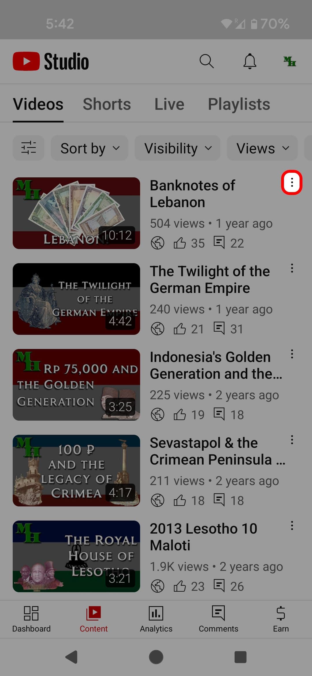 Οθόνη περιεχομένου για κινητά του YouTube Studio που επισημαίνει το εικονίδιο με τις τρεις κουκκίδες