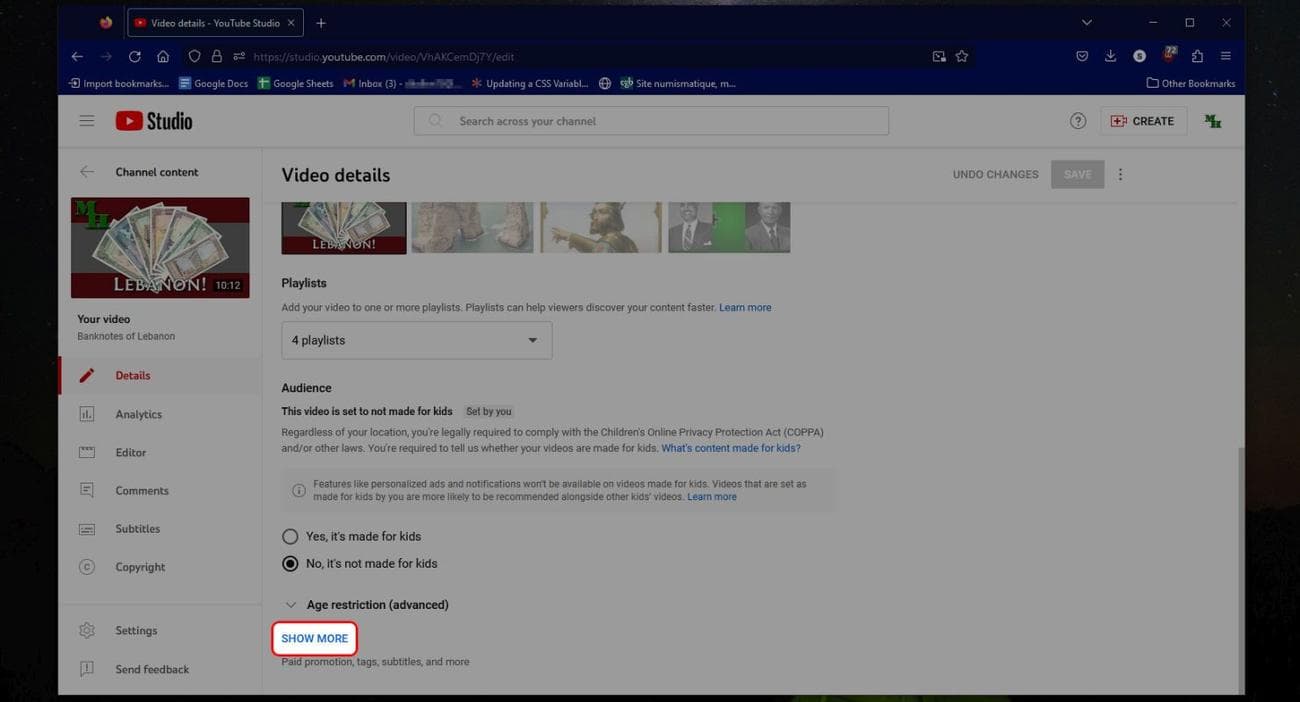 Το πρόγραμμα περιήγησης YouTube Studio Σελίδα λεπτομερειών βίντεο που επισημαίνει την επιλογή Εμφάνιση περισσότερων
