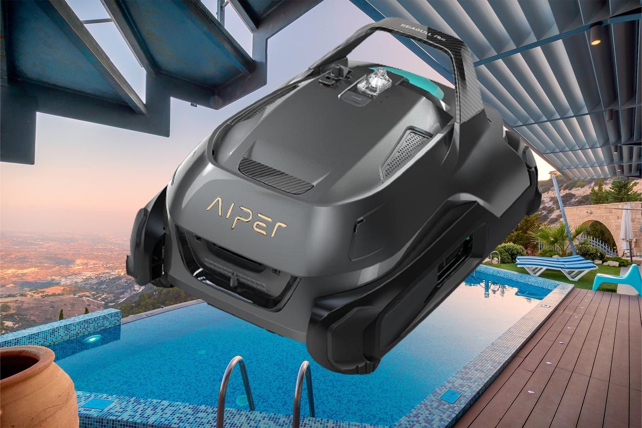 A pool vacuum overlayed on a fancy pool