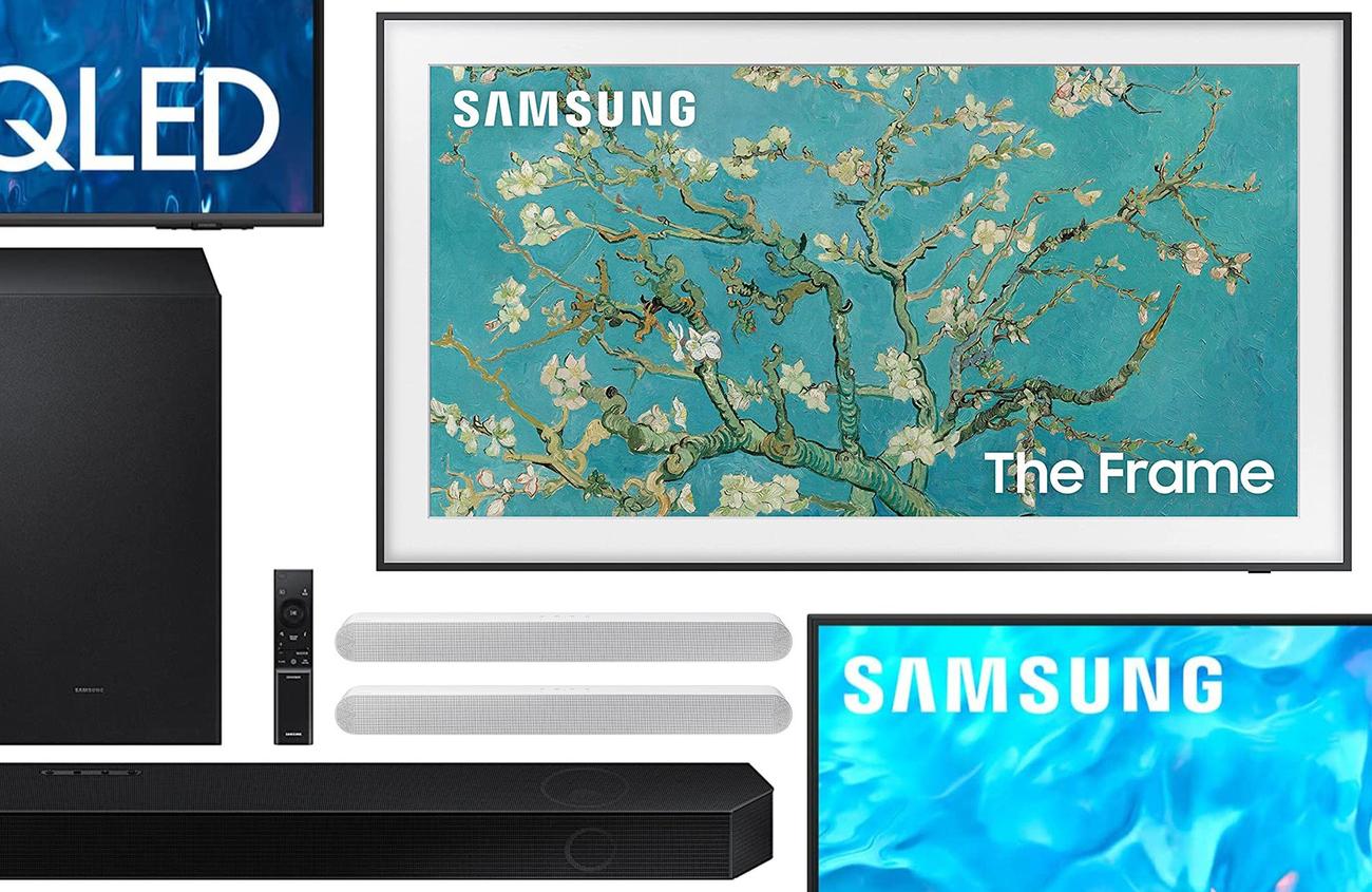 Samsung TVs and soundbars arranged in a header for Prime Day deals