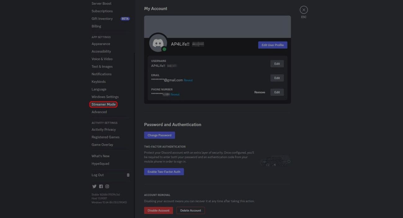 Μενού ρυθμίσεων Discord που επισημαίνει την επιλογή μενού Λειτουργία ροής