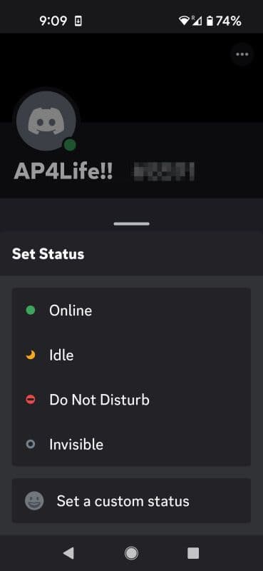 Discord μενού κατάστασης online για κινητά