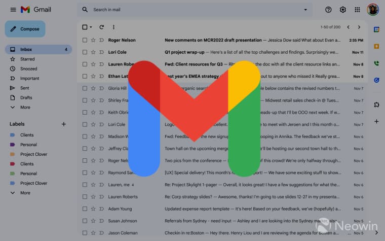 The new Gmail interface darkened in the background with the logo superimposed on top
