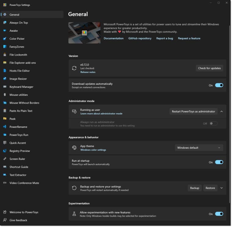 στιγμιότυπο οθόνης powertoys