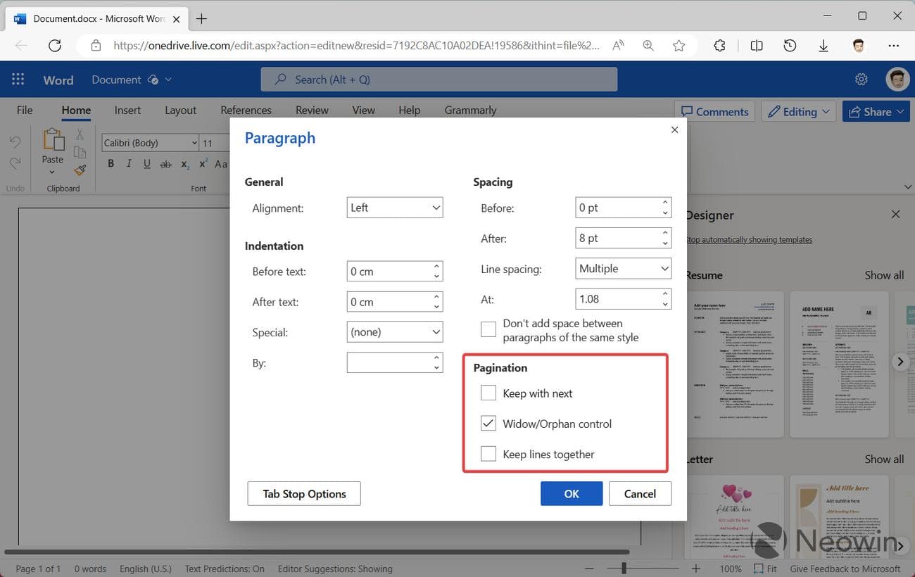 Ένα στιγμιότυπο οθόνης του Word για το Web στον Microsoft Edge