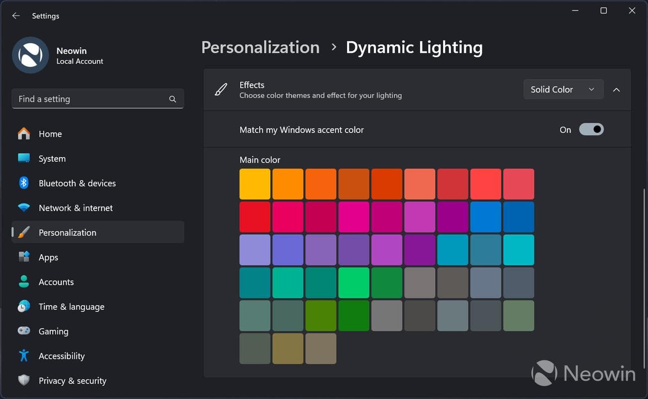 Ένα στιγμιότυπο οθόνης των ρυθμίσεων Dynamic Lighting στα Windows 11
