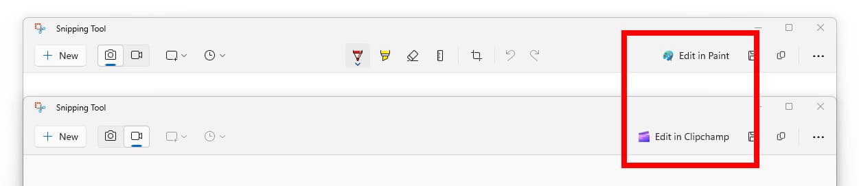 Νέα κουμπιά στο Snipping Tool για επεξεργασία κλιπ οθόνης στο Paint και εγγραφές οθόνης στο Clipchamp.