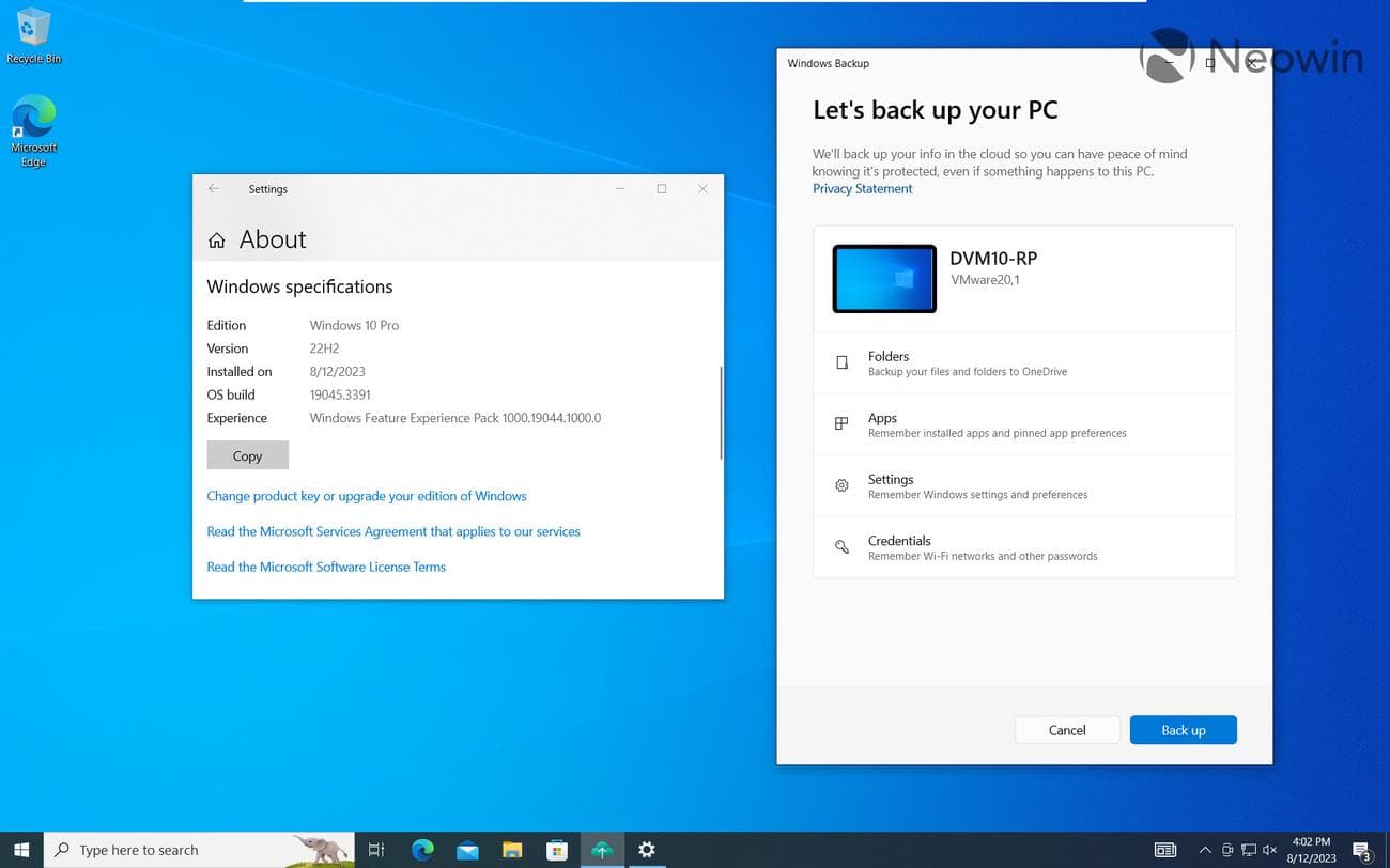 Ένα στιγμιότυπο οθόνης της εφαρμογής Windows Backup στα Windows 10