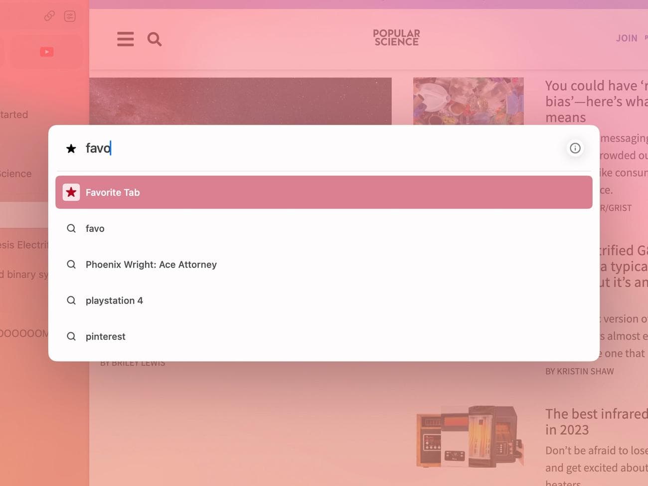 Το πλαίσιο αναζήτησης του προγράμματος περιήγησης Arc, το οποίο μπορείτε να ενεργοποιήσετε μέσω της συντόμευσης Cmd+T.