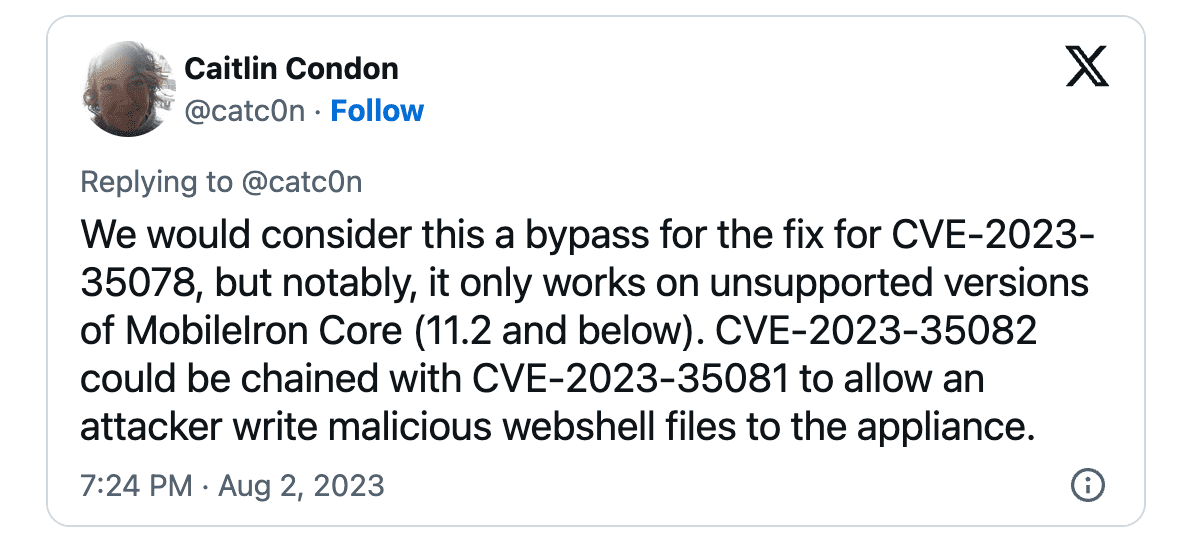 Tweet της Caitlin Condon CVE-2023-35078