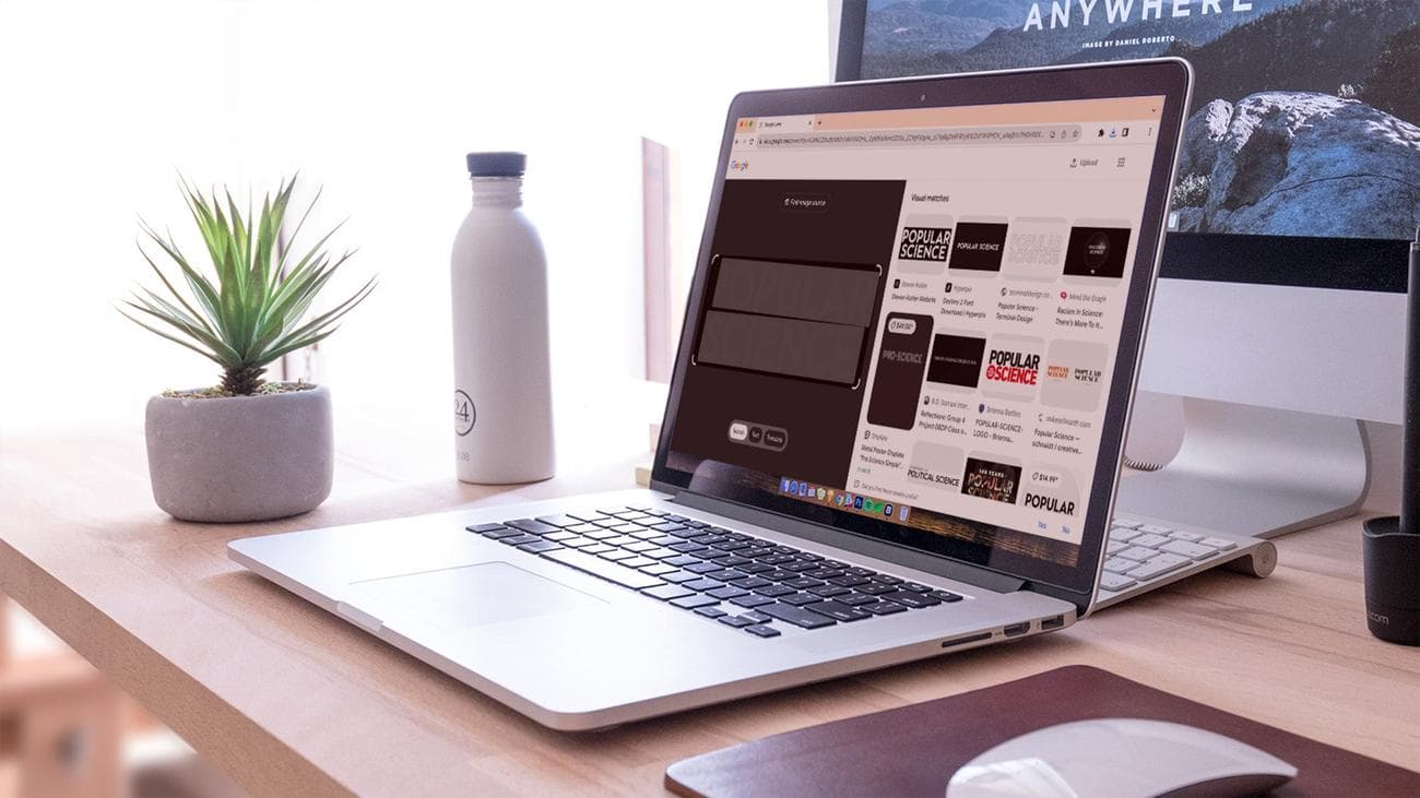 A laptop showing how to reverse image search on the Google image results page.