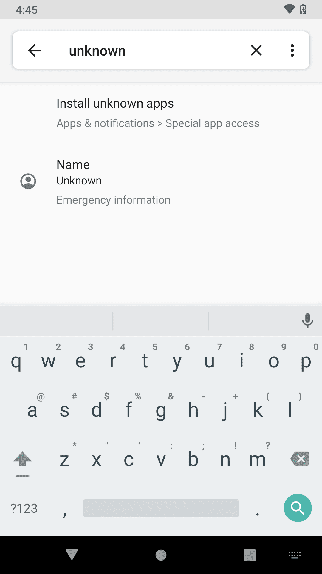 The settings app on Android with 
