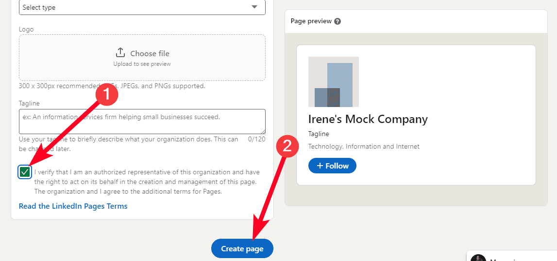 Αποδοχή των όρων και προϋποθέσεων δημιουργίας σελίδας στον ιστότοπο του LinkedIn