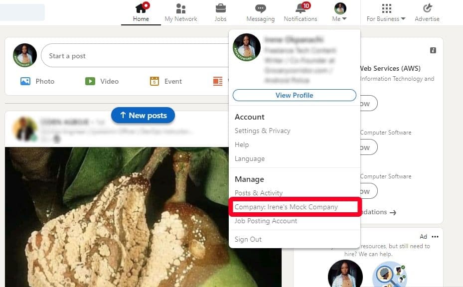 Πρόσβαση στη νέα σελίδα της εταιρείας από τις αναπτυσσόμενες επιλογές Me στον ιστότοπο του LinkedIn
