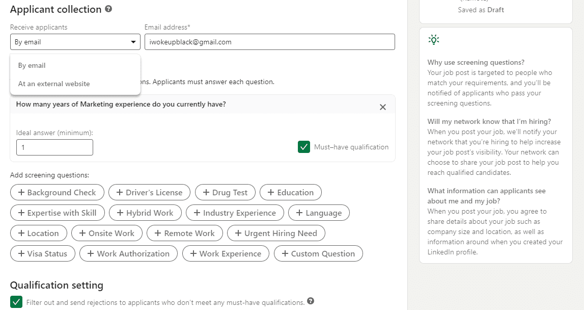 Προσθήκη ερωτήσεων ελέγχου εφαρμογής σε μια αγγελία εργασίας στον ιστότοπο του LinkedIn