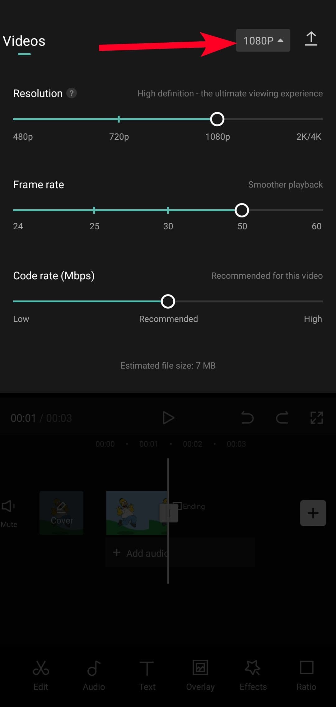 Ρύθμιση του ρυθμού καρέ ανάλυσης και του ρυθμού κωδικού στο CapCut