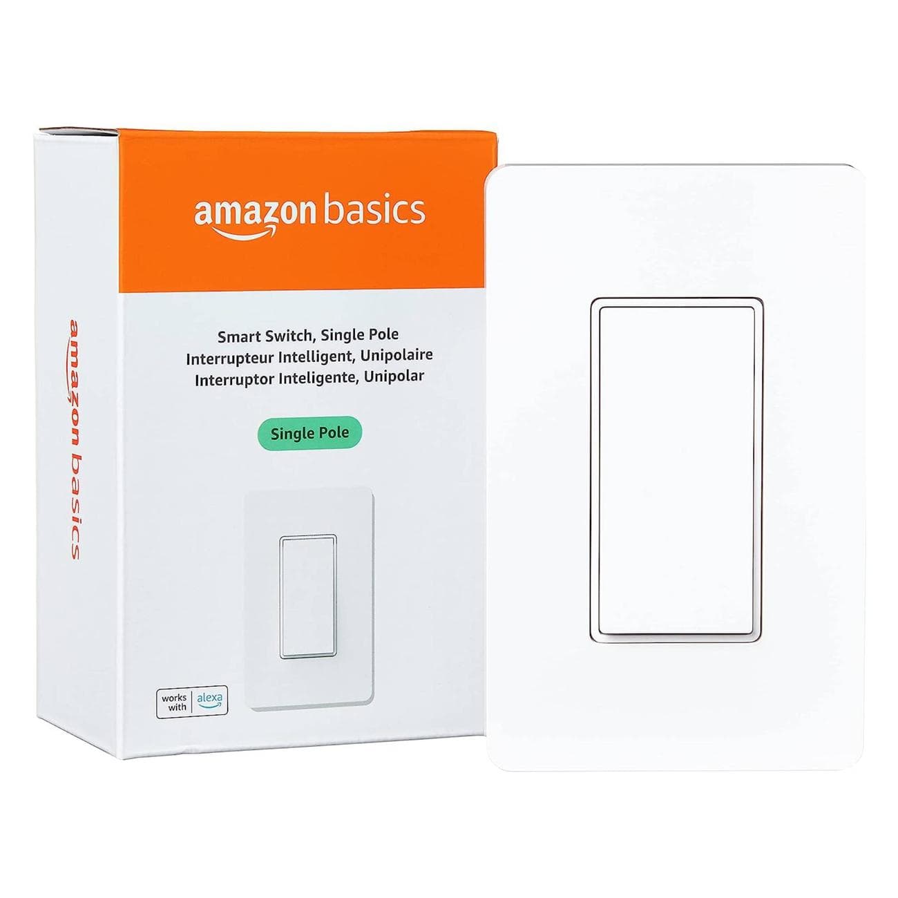 Amazon Basics Wi-Fi- Έξυπνος διακόπτης μονού πόλου με κουτί σε λευκό φόντο