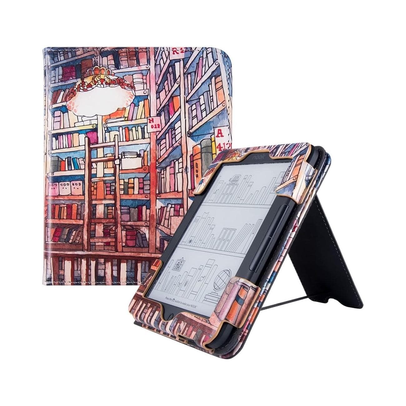 Βάση BOZHUORUI για Nook Glowlight 4:4e με εκτύπωση βιβλιοθήκης σε λευκό φόντο