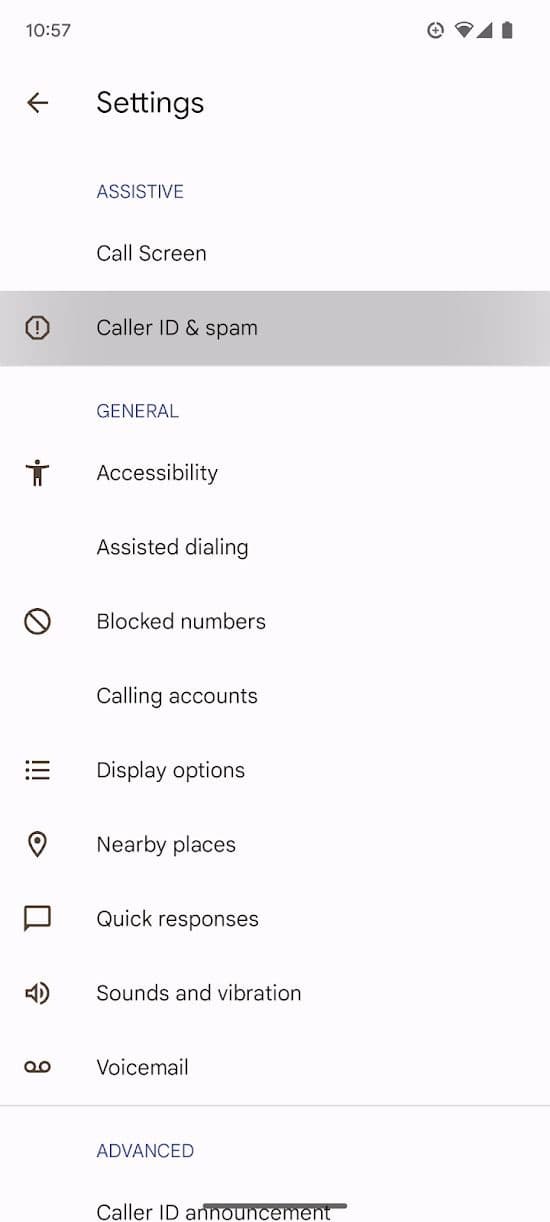 Στιγμιότυπο οθόνης της επιλογής αναγνώρισης κλήσης και ανεπιθύμητης αλληλογραφίας στο Pixel 7