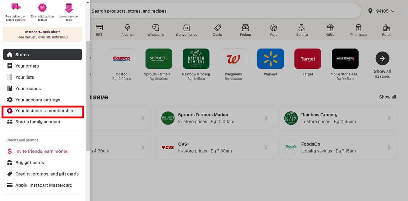 Πλαϊνή γραμμή αρχικής σελίδας Instacart