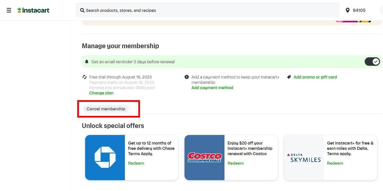 Σελίδα μέλους Instacart