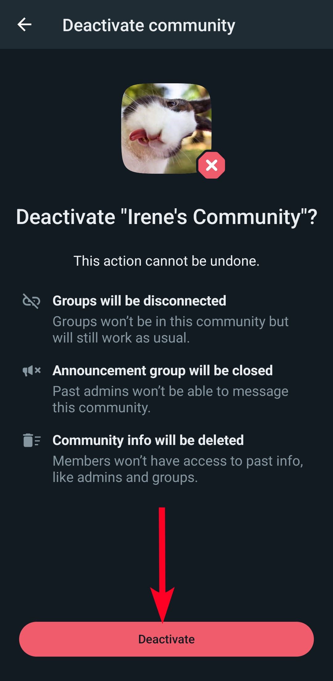 confirm deactivating WhatsApp community on Android