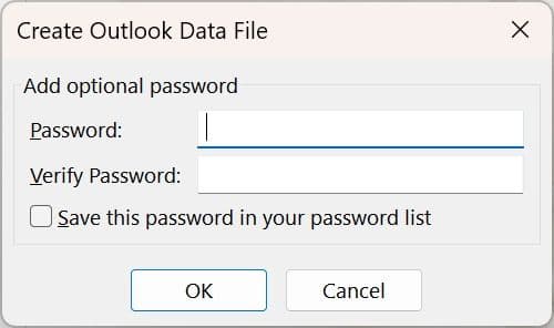 Εισαγάγετε έναν κωδικό πρόσβασης και επαληθεύστε τον για να δημιουργήσετε το αρχείο δεδομένων του Outlook