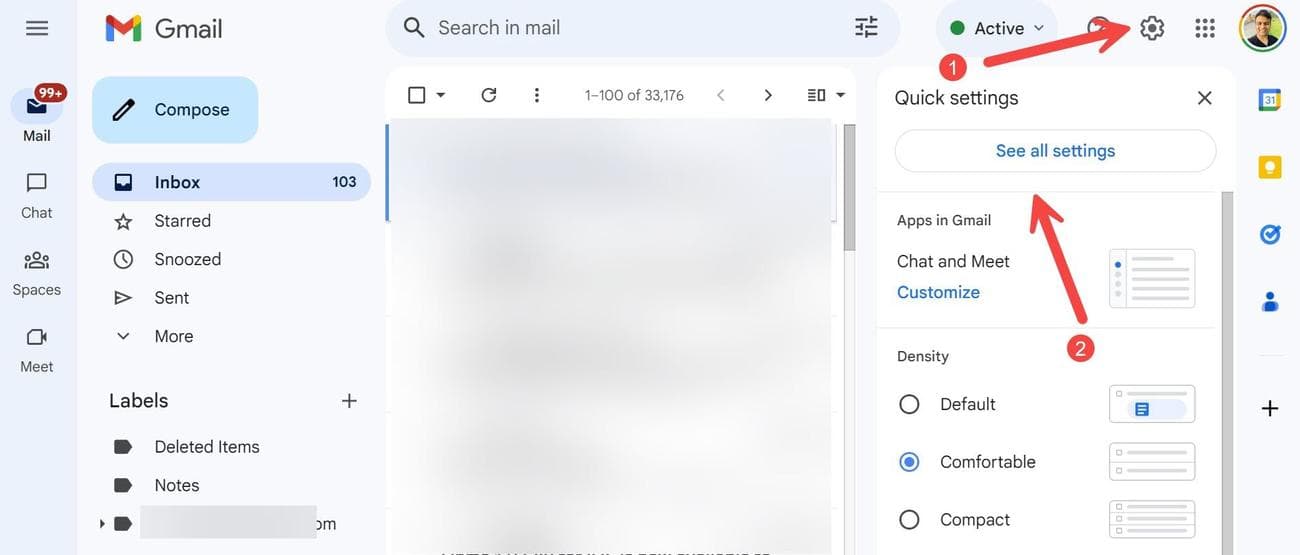 Στο Gmail σε Mac, κάντε κλικ στο γρανάζι ρυθμίσεων και επιλέξτε Εμφάνιση όλων των ρυθμίσεων.