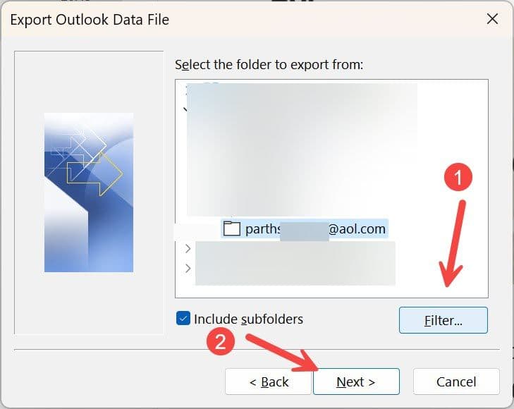 Κάντε κλικ στο Επόμενο όταν είστε έτοιμοι να εξαγάγετε το αρχείο δεδομένων του Outlook