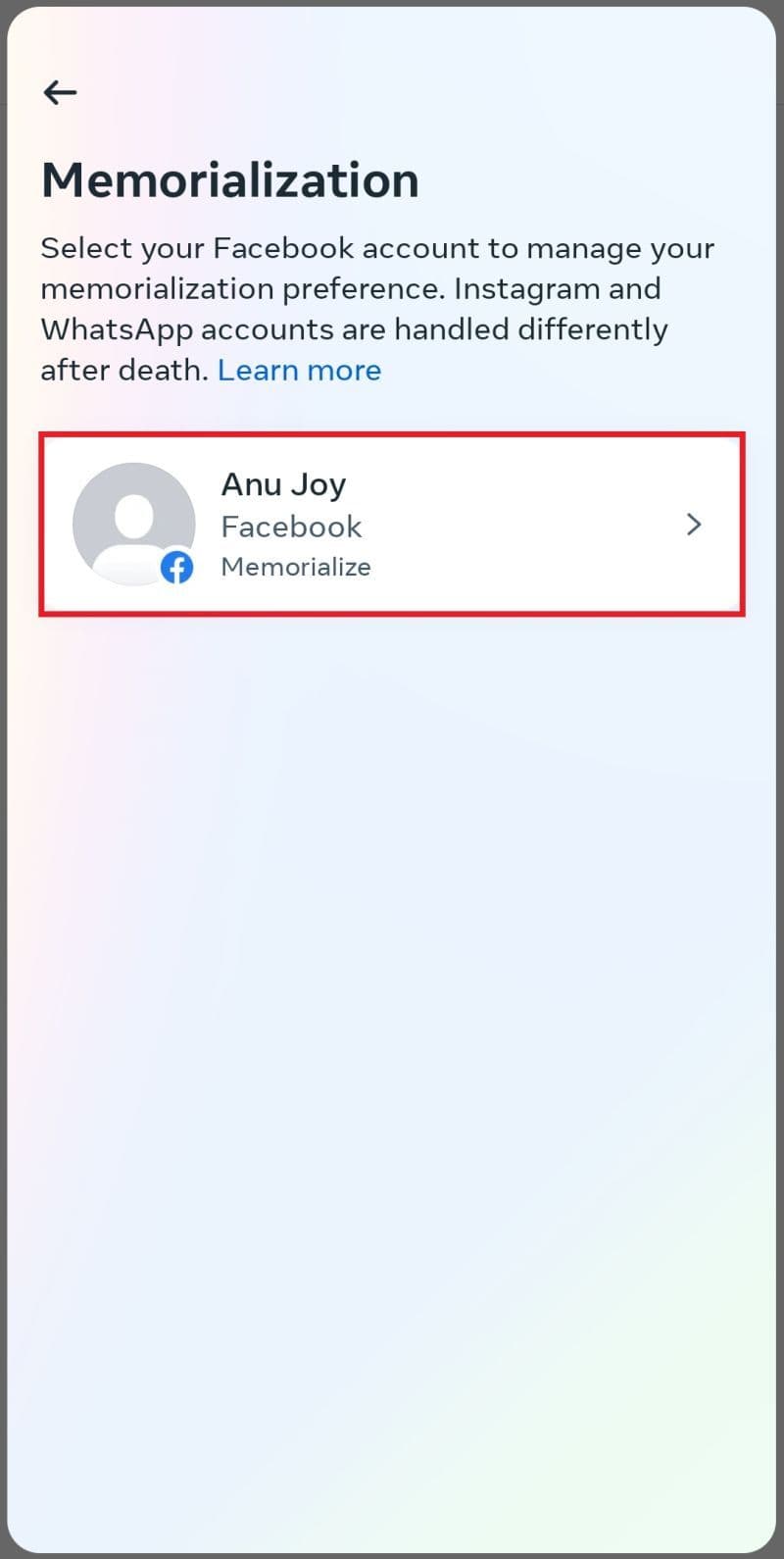 Η οθόνη Facebook Memorialization με τον λογαριασμό που θα διαχειρίζεται την mmorialization να είναι επιλεγμένος