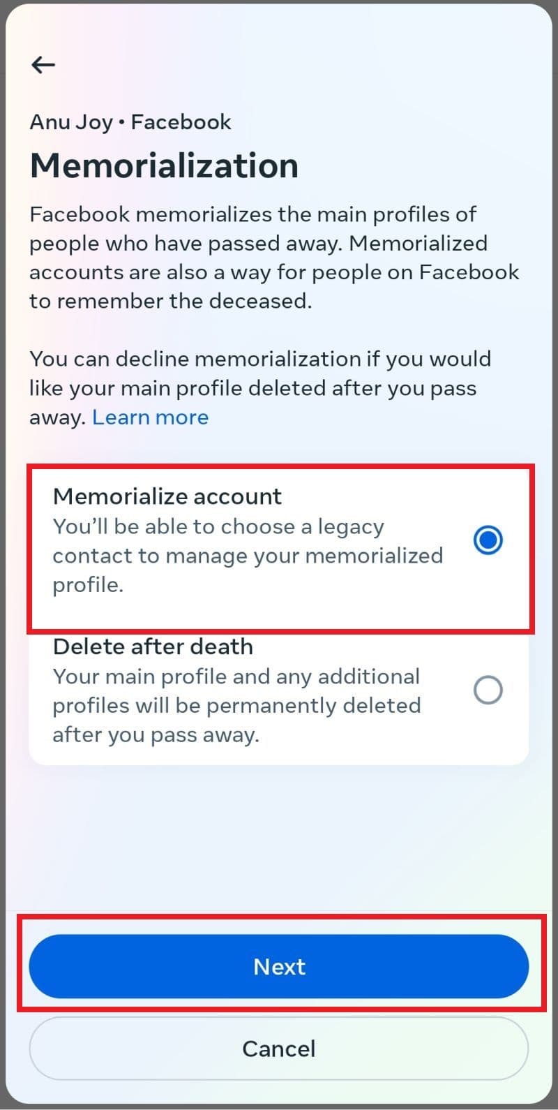 Η οθόνη Facebook Memorialization με επιλεγμένη την επιλογή 'Memorialize account'