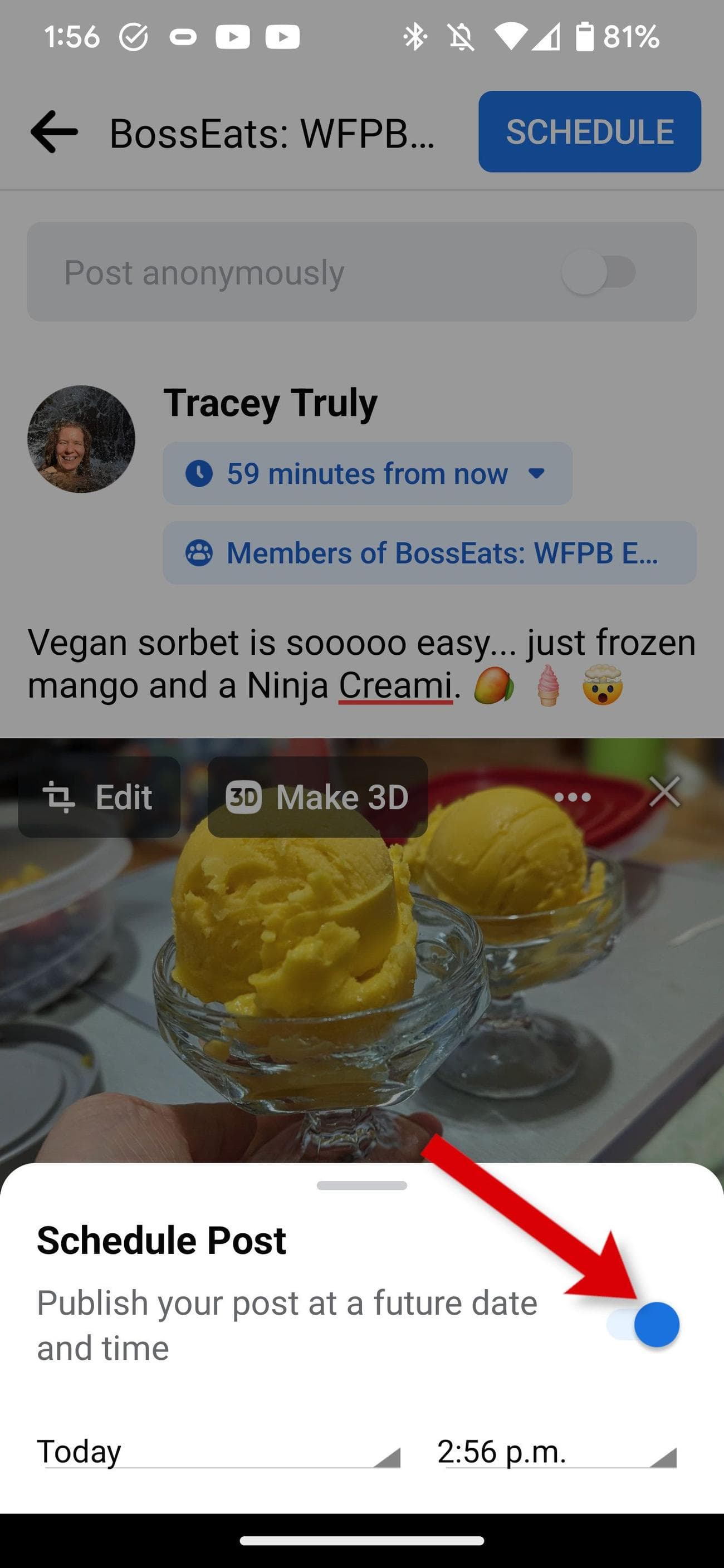 Η εφαρμογή Facebook δείχνει πώς να ενεργοποιήσετε την ημερομηνία και την ώρα για μια ομαδική ανάρτηση.