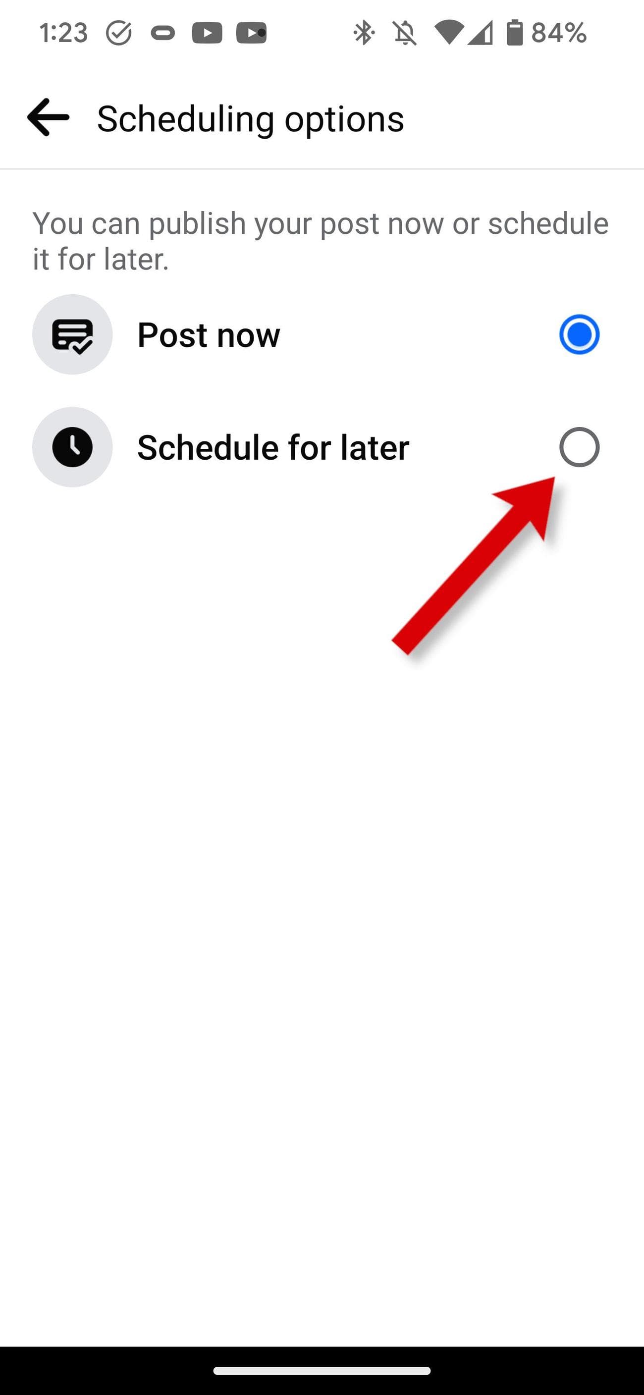 Η εφαρμογή Facebook δείχνει πώς να προγραμματίσετε για αργότερα.
