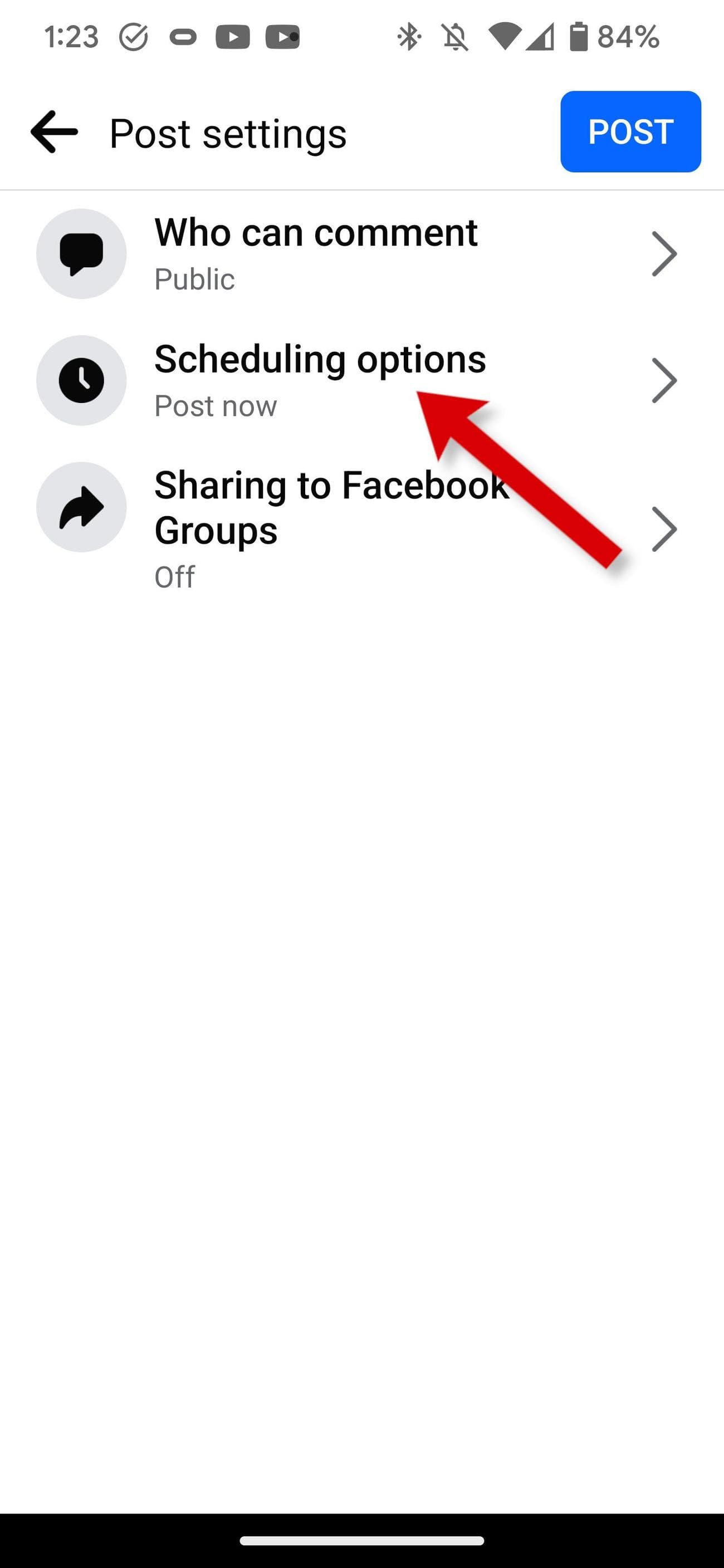 Η εφαρμογή Facebook δείχνει πώς μπορείτε να δείτε τις επιλογές προγραμματισμού.