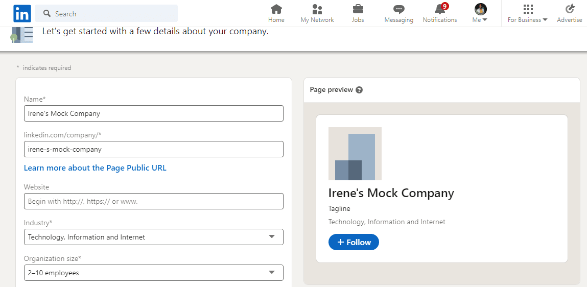 Συμπλήρωση πληροφοριών για νέα εταιρική σελίδα στον ιστότοπο του LinkedIn