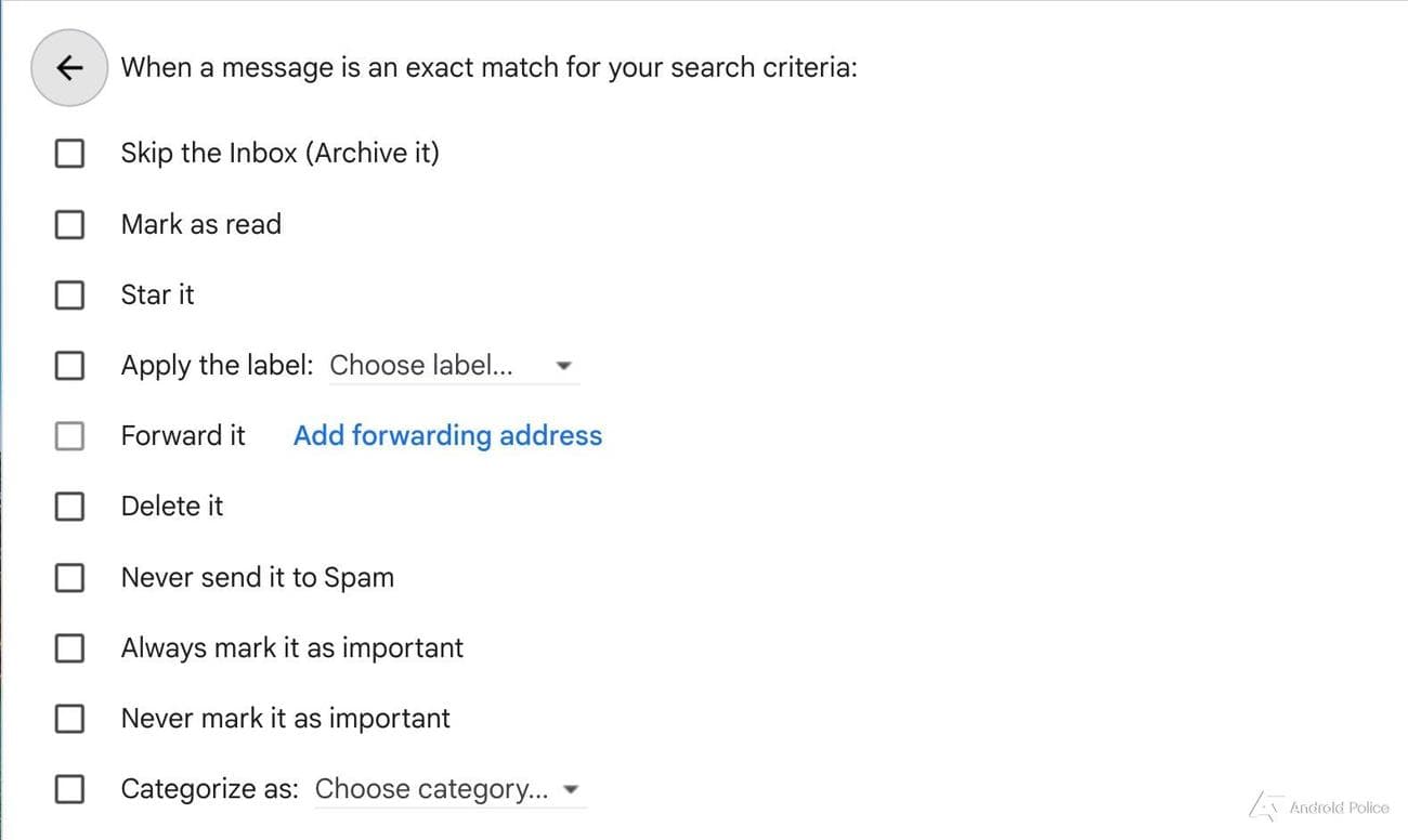 Λίστα ελέγχου επιλογών για ένα φίλτρο Gmail.