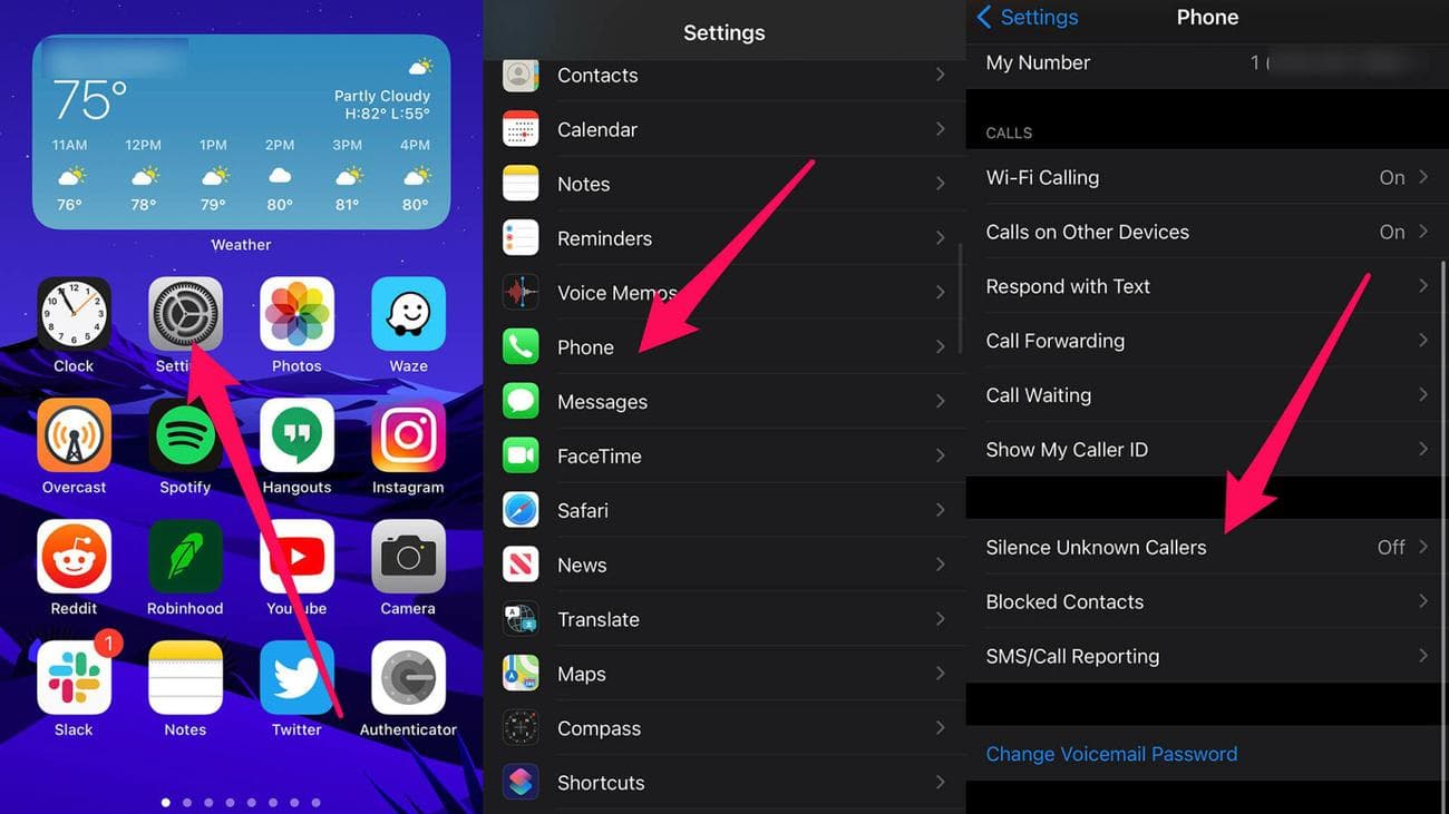 Τρία στιγμιότυπα οθόνης iPhone που εμφανίζουν βήματα για Σίγαση Άγνωστων Καλούντων. 
