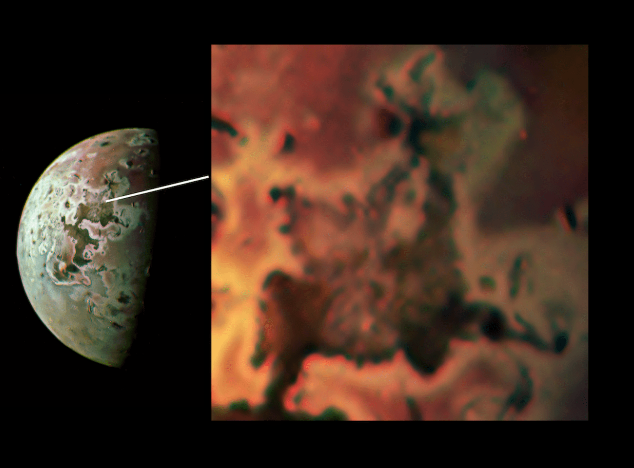 Μια μεγέθυνση ενός πιθανού πεδίου λάβας στο Io.