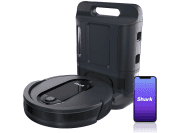 Σκούπα ρομπότ Shark IQ με smartphone κάτω δεξιά που δείχνει μωβ ταπετσαρία καρχαρία