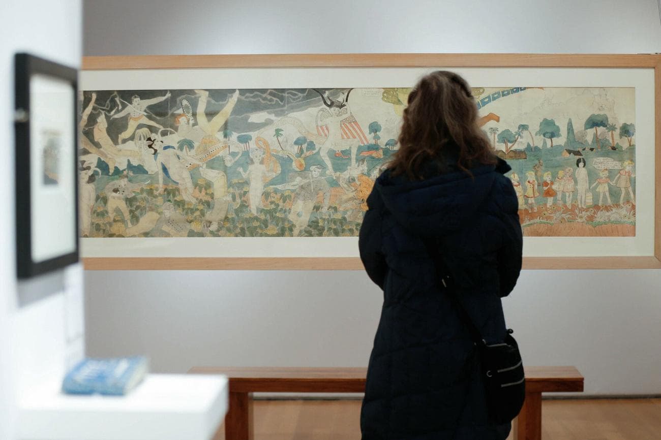 Henry Darger is on display at a press preview of an upcoming auction titled 'Outsider and Vernacular Art' at Christie's in New York City on January 12, 2019