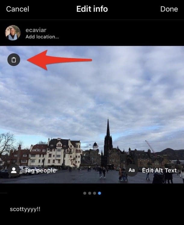 Στιγμιότυπο οθόνης μιας ανάρτησης στο Instagram με ένα κόκκινο βέλος που δείχνει το εικονίδιο του κάδου απορριμμάτων στην επάνω δεξιά γωνία.