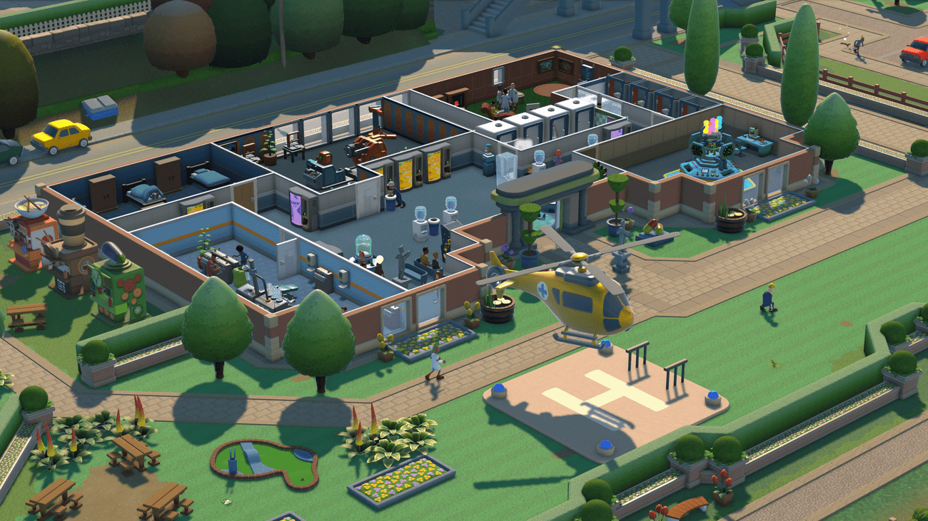 Στιγμιότυπο οθόνης ενός ελικοδρόμιο στο Two Point Campus: Medical School.