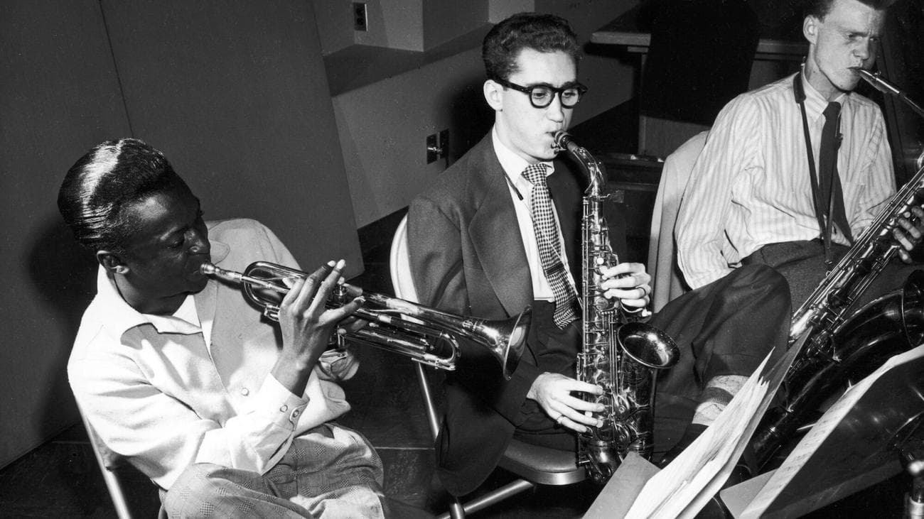 Miles Davis, Lee Konitz, and Gerry Mulligan at the "Birth of the Cool" recording sessions on January 21, 1949 in New York. 
