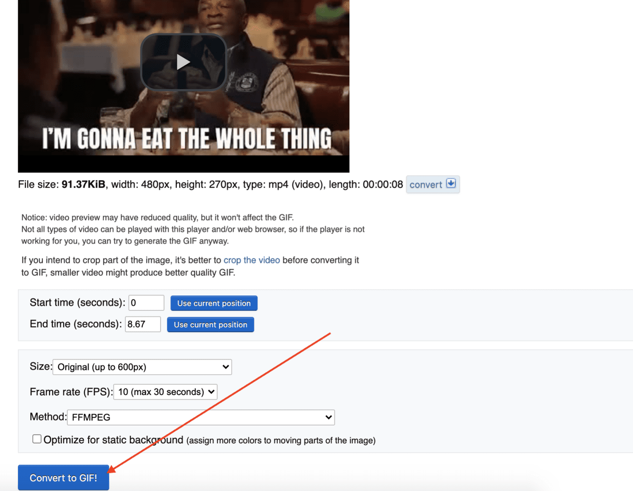 Στιγμιότυπο οθόνης του μετατροπέα βίντεο σε GIF του EZ GIF με το "Μετατροπή σε GIF!" κουμπί τονισμένο. 